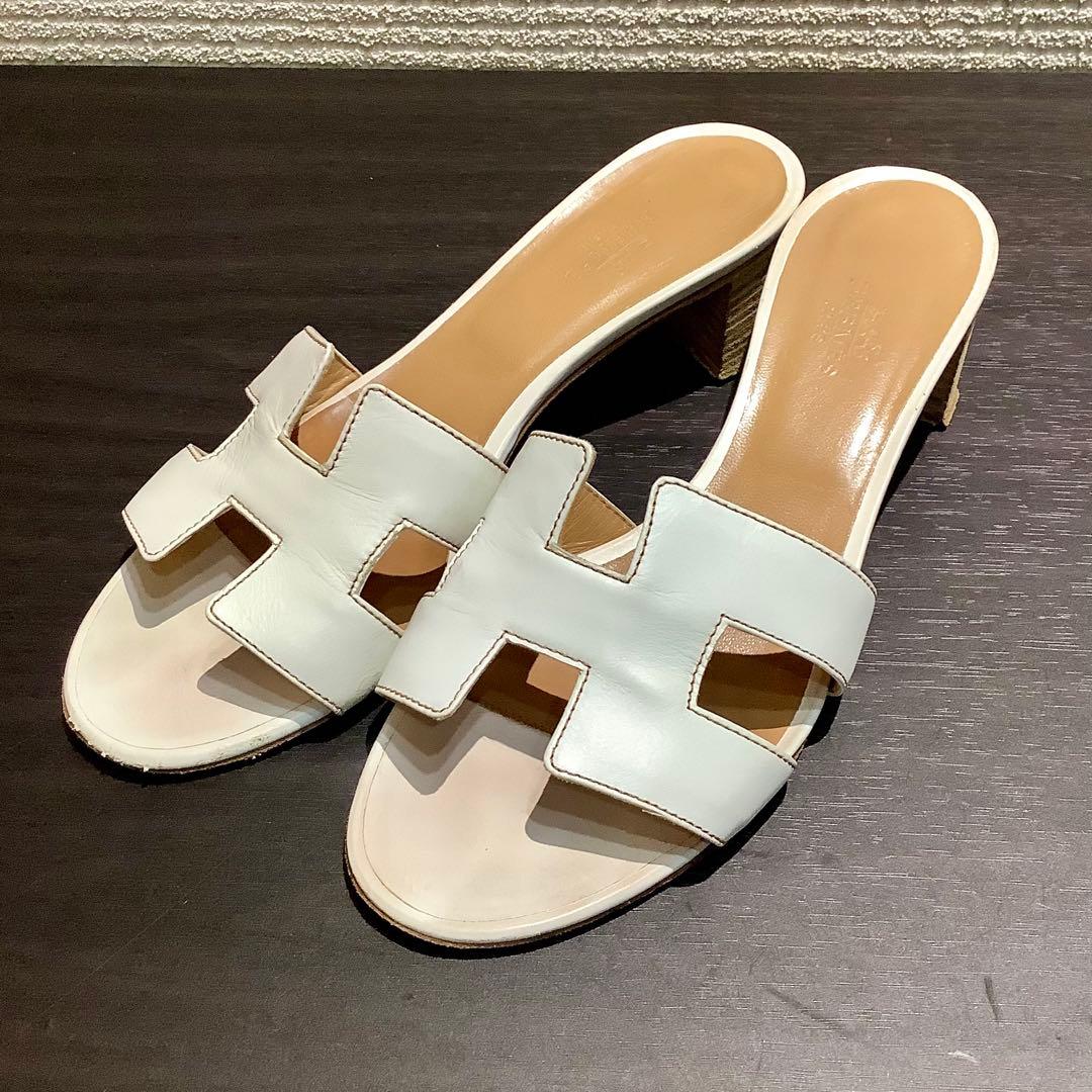 HERMES エルメス オアジス H レザー サンダル ミュール ヒール 白