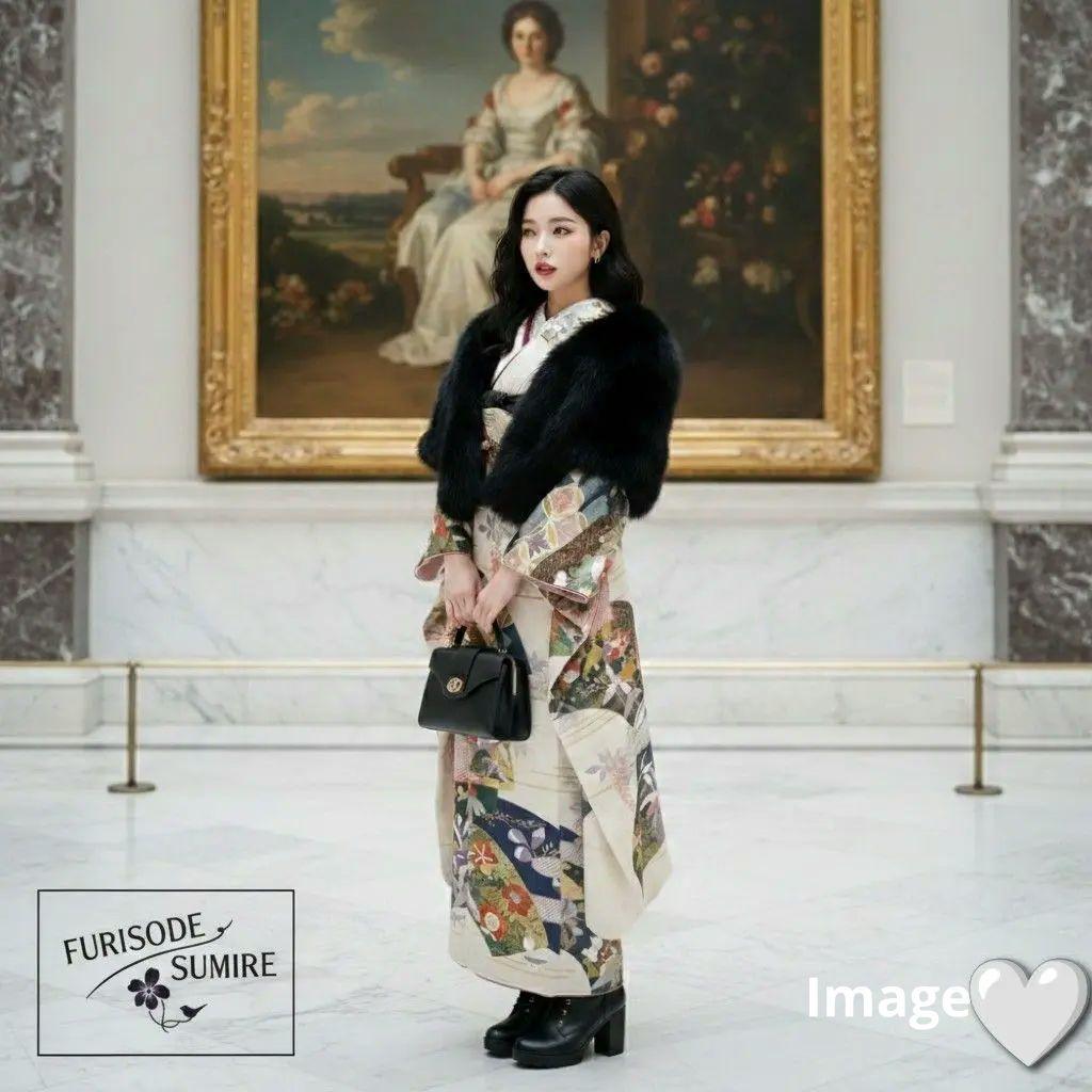 476アイボリー金彩 古典 正絹振袖6点フルセット 成人式卒業式謝恩会