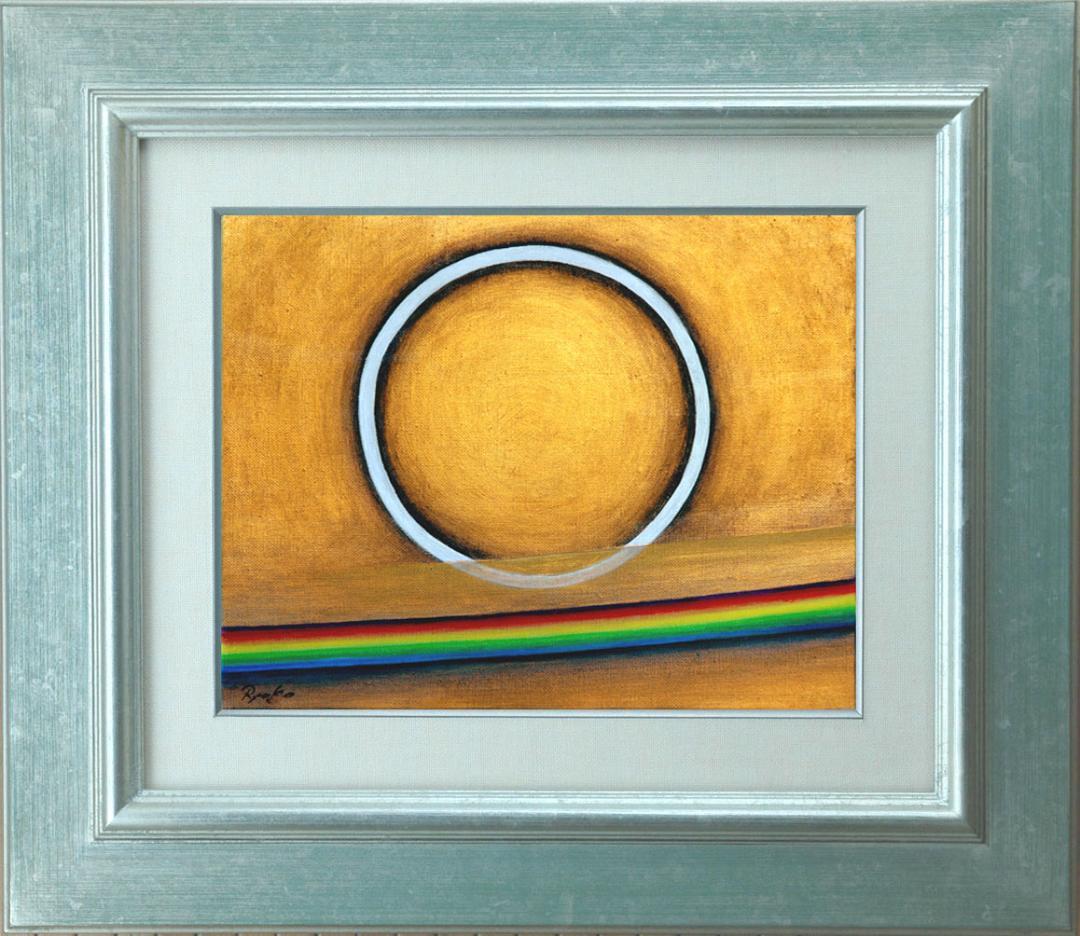 油絵 菅家令子 絵画インテリア額付(青緑＋金色の枠)F3-G142023祈り