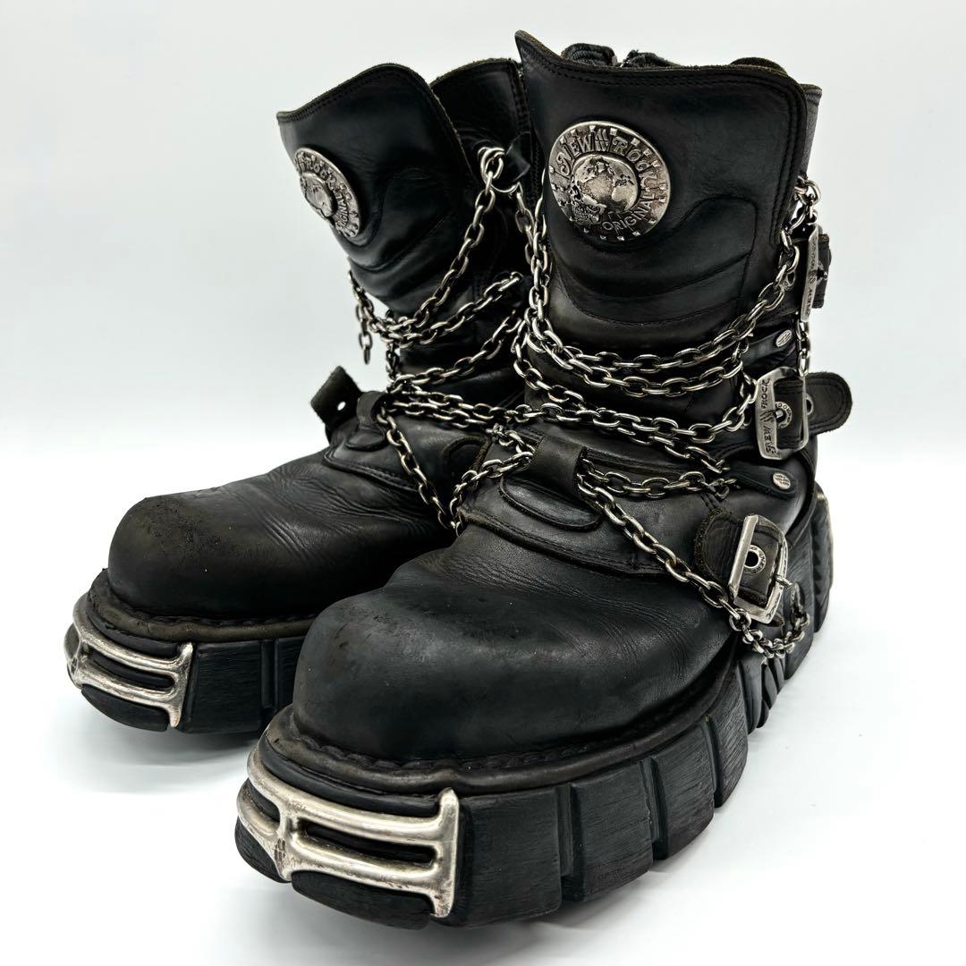 希少◎NEW ROCK エンジニアブーツ チェーン スカル 厚底 レザー 黒