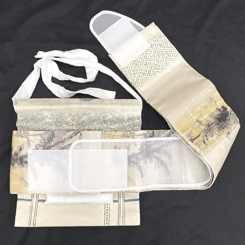 507mr86△ワンタッチ作り帯 きものやまと 風景 抽象柄 箔糸 袋帯△美品