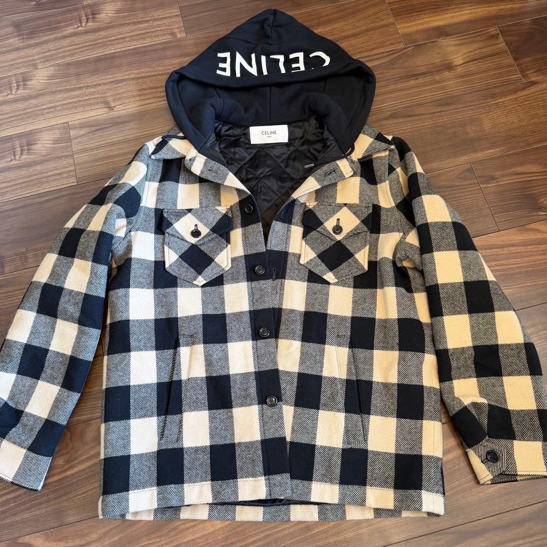 CELINE ウール ロゴフード付きチェックジャケット 2W68A055Z セリーヌ 24AW ウール ロゴフード付き チェック オーバーサイズシャツ
