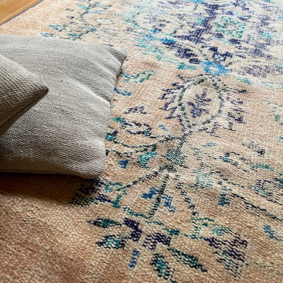 99×222 ペールベージュ×ブルー メダリオン 擦れトルコヴィンテージラグ