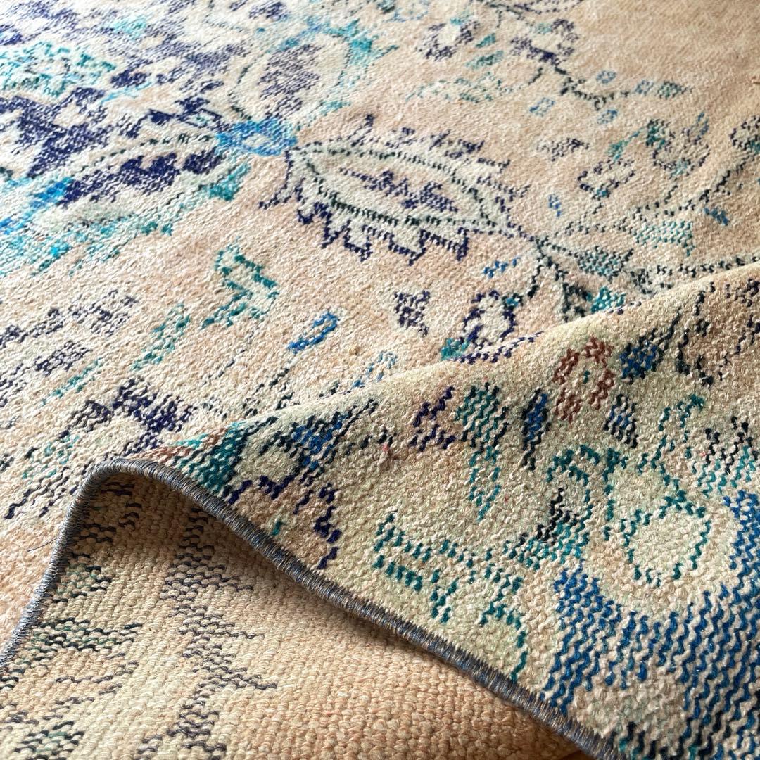 99×222 ペールベージュ×ブルー メダリオン 擦れトルコヴィンテージラグ
