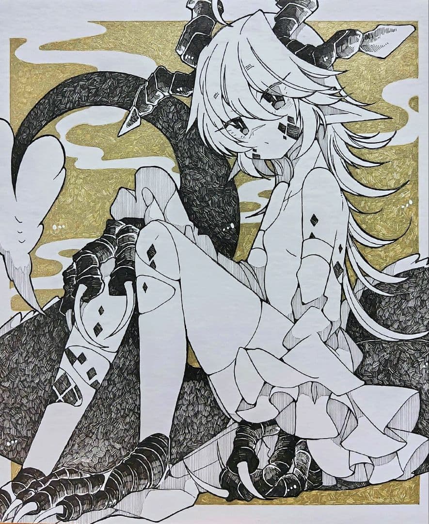 35：手描きイラスト 色紙 オリジナル 原画 創作 ドラゴン - メルカリ