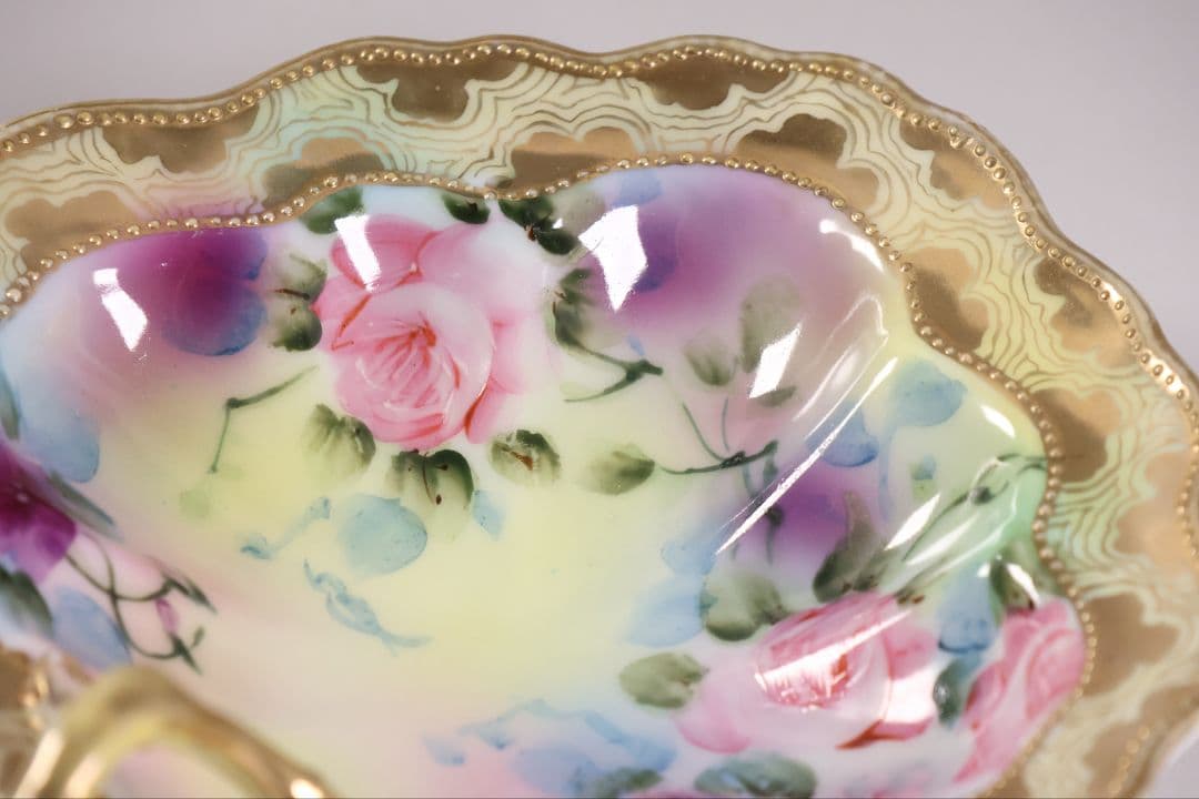 CM297】オールドノリタケ 花 皿 薔薇 パンジー 金彩 イエロー 黄色