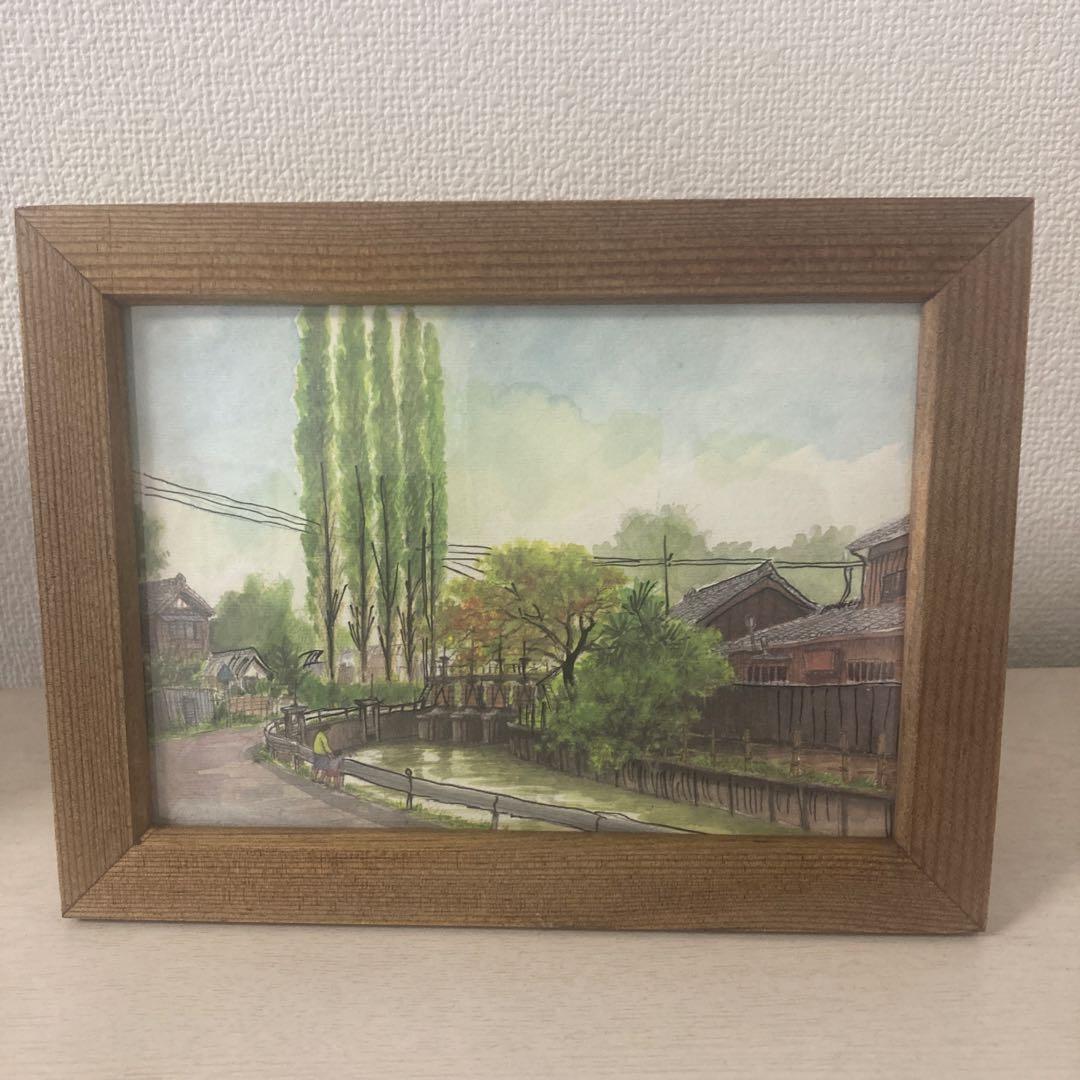 水彩風景画 木製フレーム付き 約21cm x 16cm 油彩画 自然風景 緑色系 木製フレーム 水彩画 風景画 新緑 皐月 若葉