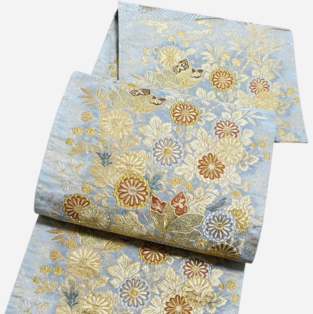 A4美品袋帯 六通柄 金糸 唐織 刺繍 菊 蝶 正絹 着物 - メルカリ
