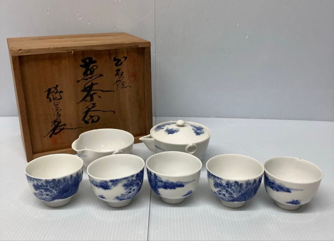 出石焼】鶴山 煎茶器 茶器揃 宝瓶 湯冷し 湯呑み5客 木箱入 日本茶