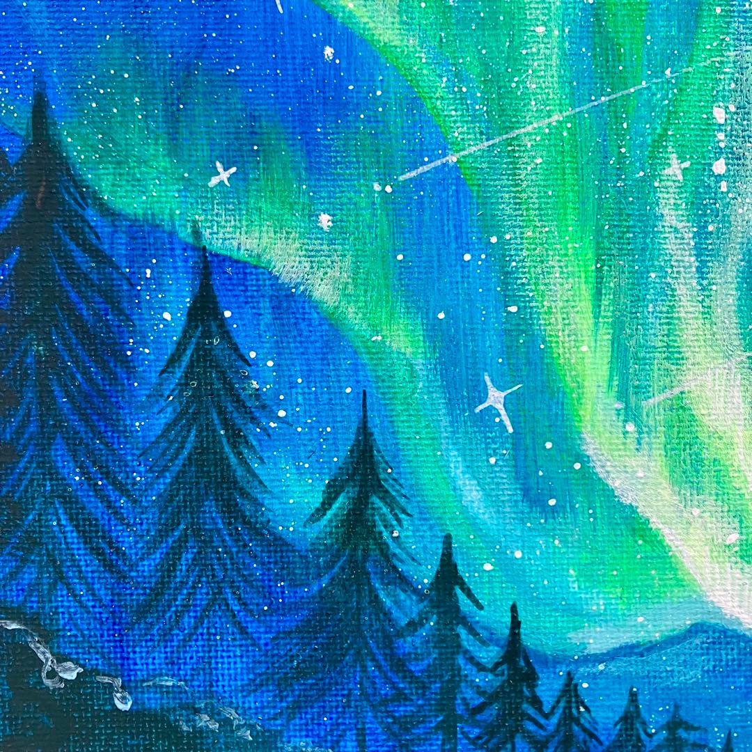 オーロラの夜景＊絵画 原画 風景画 冬 クリスマス 夜空 星空 アクリル