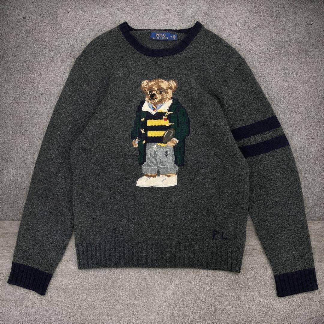 ポロ ラルフローレン ベア レタード セーター 50周年 グレー リンガー 希少 新品 ポロラルフローレン 50周年記念 ポロベア ニットセーター