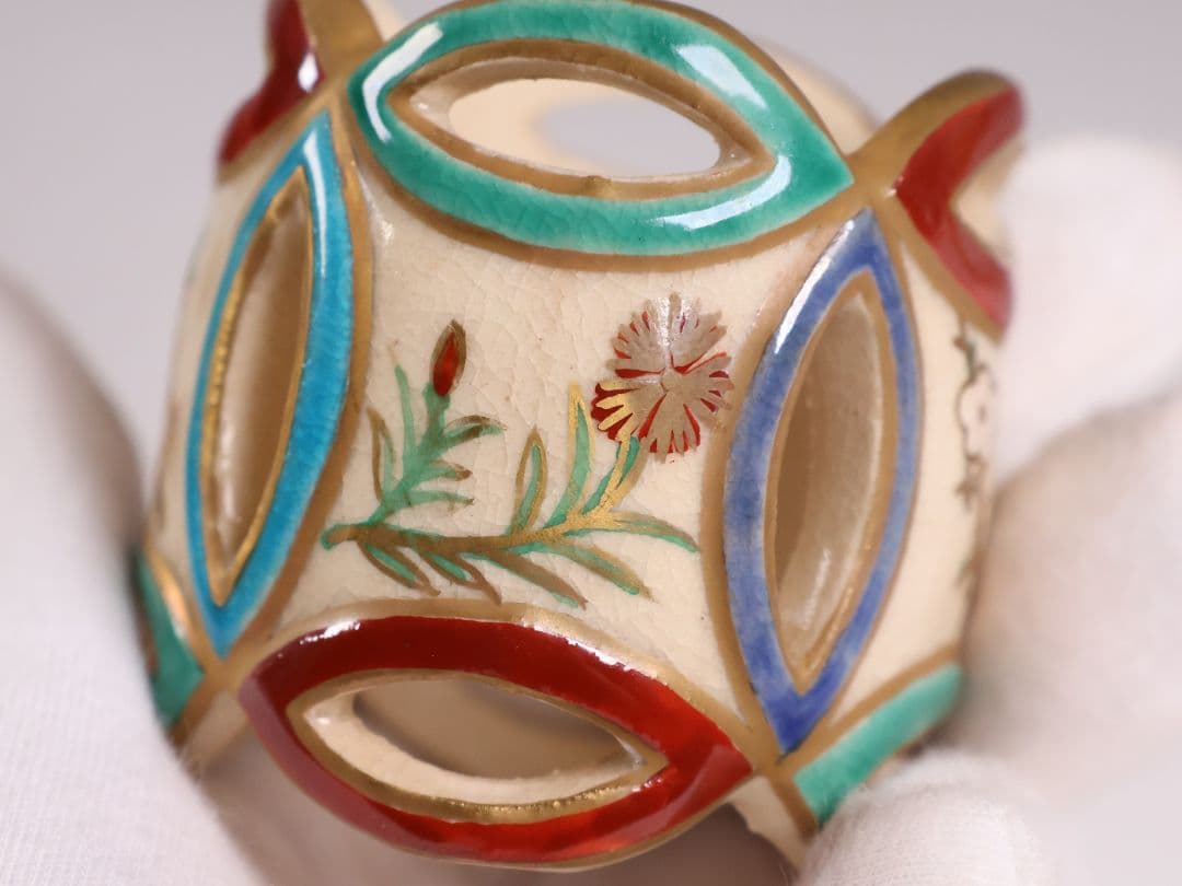 茶道具 清閑寺窯 杉田祥平 色絵四季七宝 蓋置 共箱 陶芸【CM334