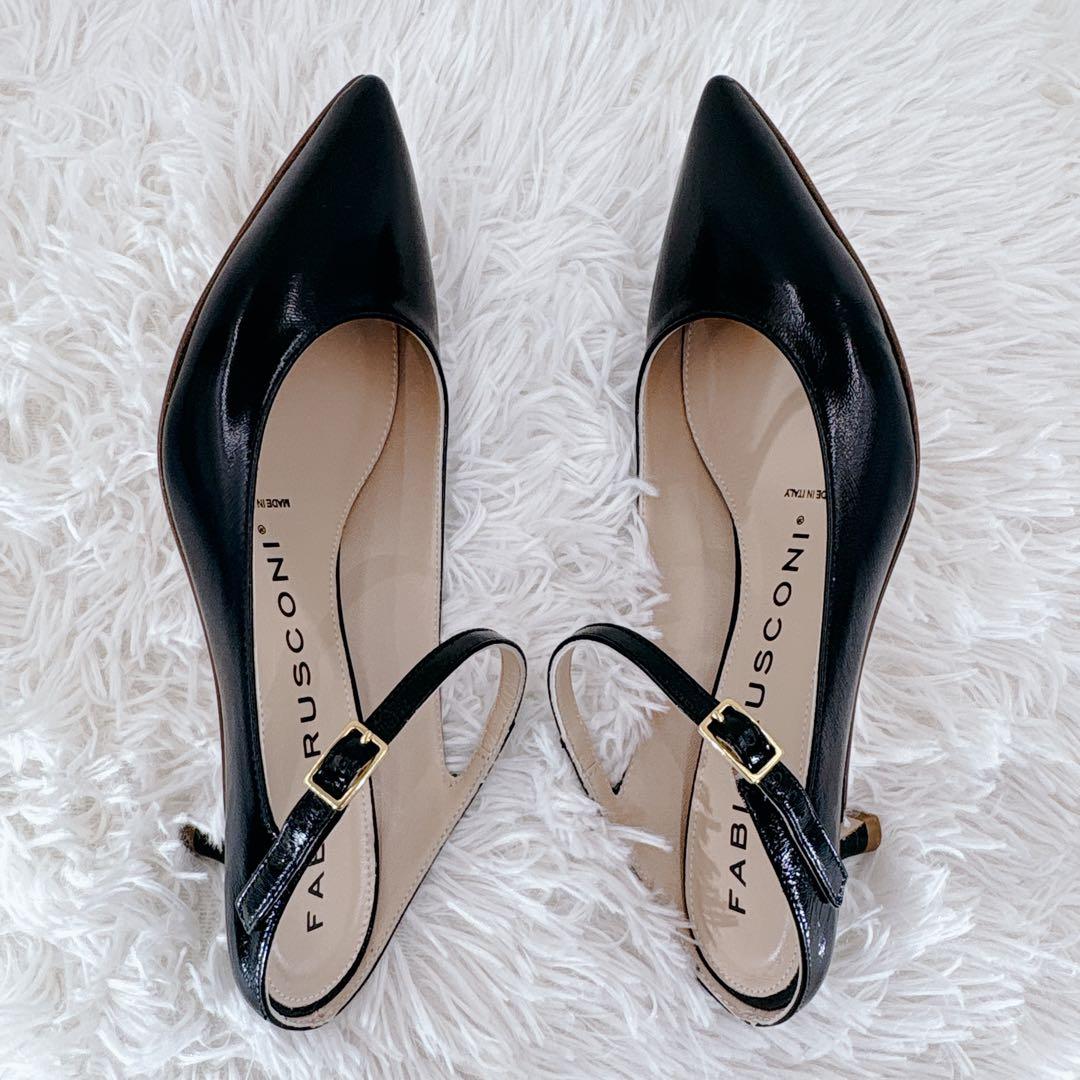 未使用級 FABIO RUSCONI ポインテッドトゥ ストラップミュール 黒