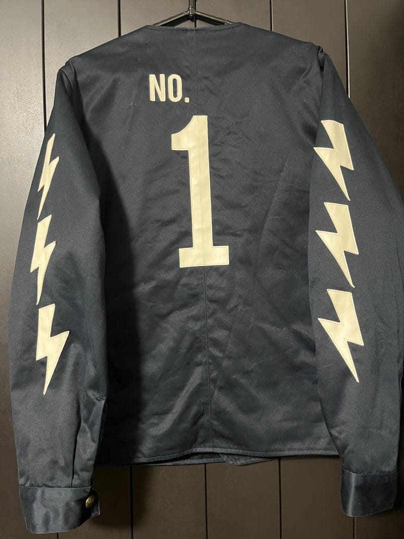 CALEE キャリー ノーカラーワークジャケット ネイビー M ワッペンレザー