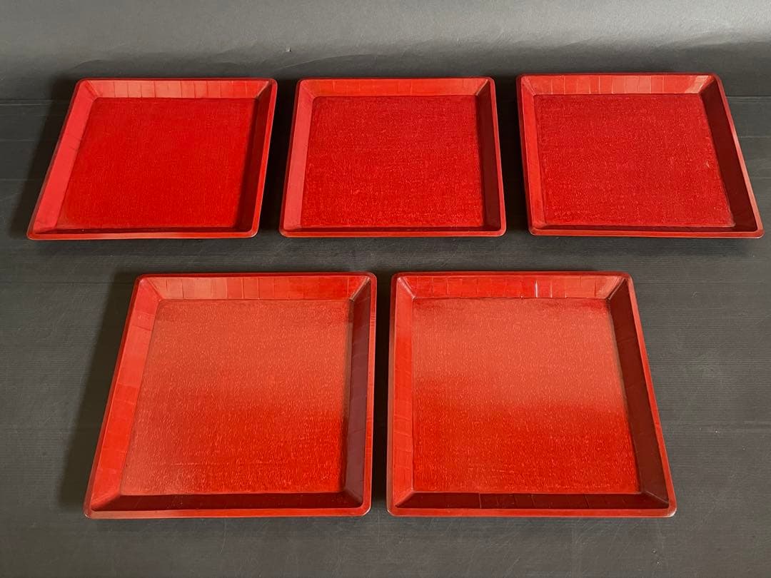 美品】「母」 讃岐彫 四方膳 5客 朱漆 讃岐膳 一枚板くり抜き （D