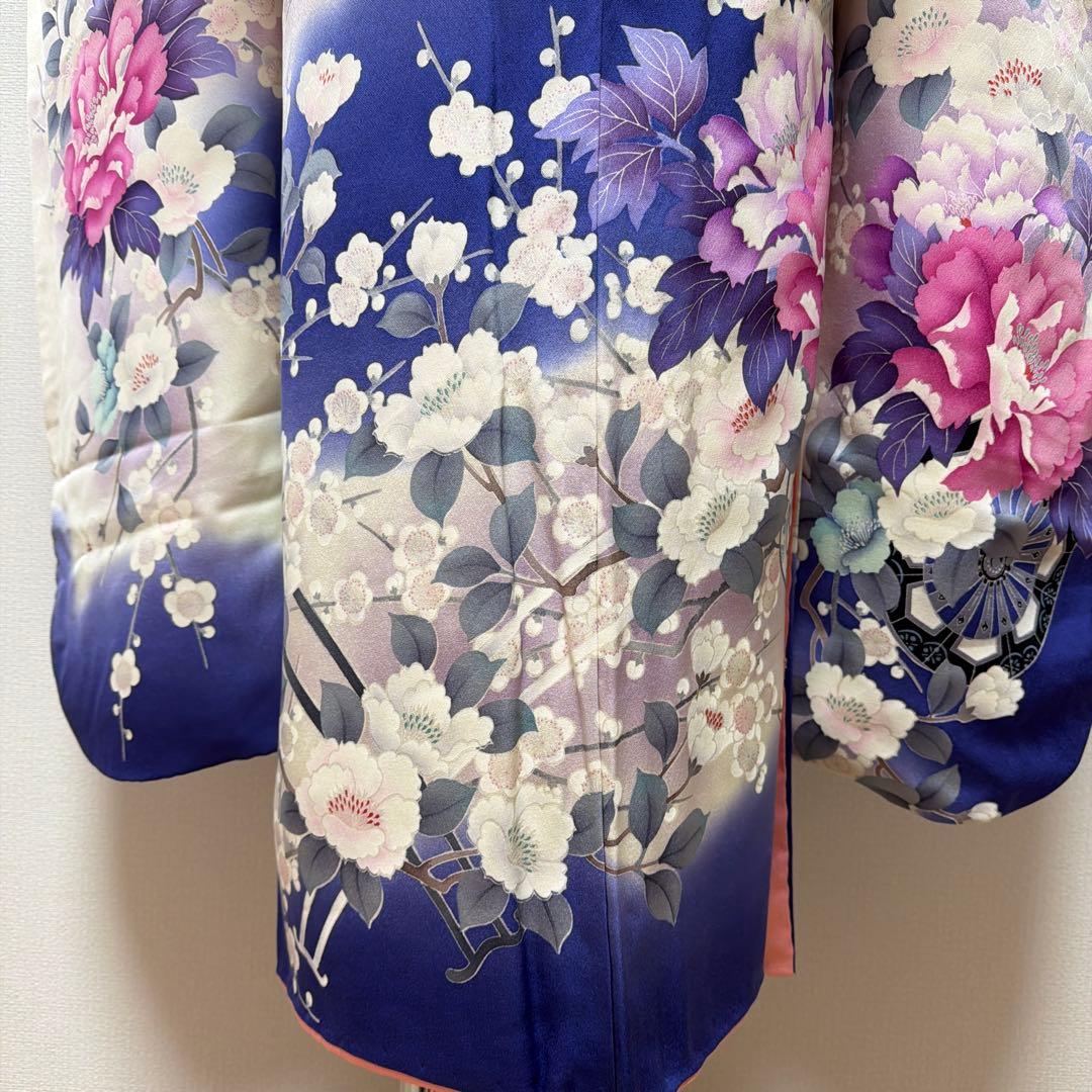 20 振袖フルセット 正絹 ブルー 青紫 赤紫 銀彩 刺繍 暈し染め 華やか