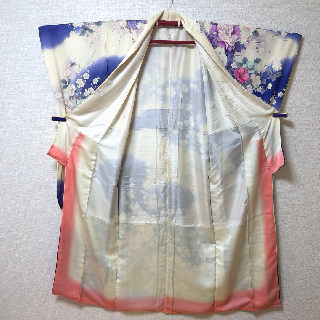 20 振袖フルセット 正絹 ブルー 青紫 赤紫 銀彩 刺繍 暈し染め 華やか