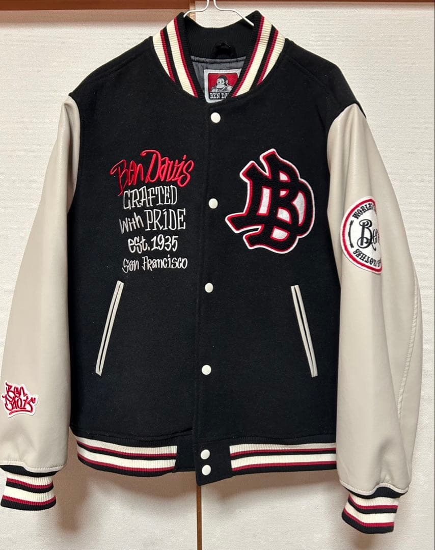 2*m様 BEN DAVIS スタジャン L ブラック/ベージュ　美品 BEN DAVIS（ベンデイビス） スタジャン サガラ刺繍 ワッペン