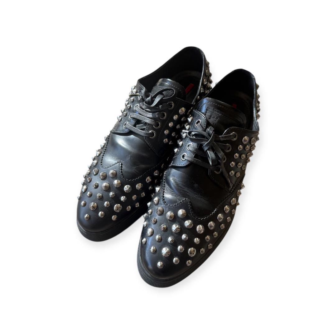 靴 Prada Sport studded leather shoes 40 NIB 100% AUTH Prada Studded Wingtip Lace Up Sporty Oxford Shoes