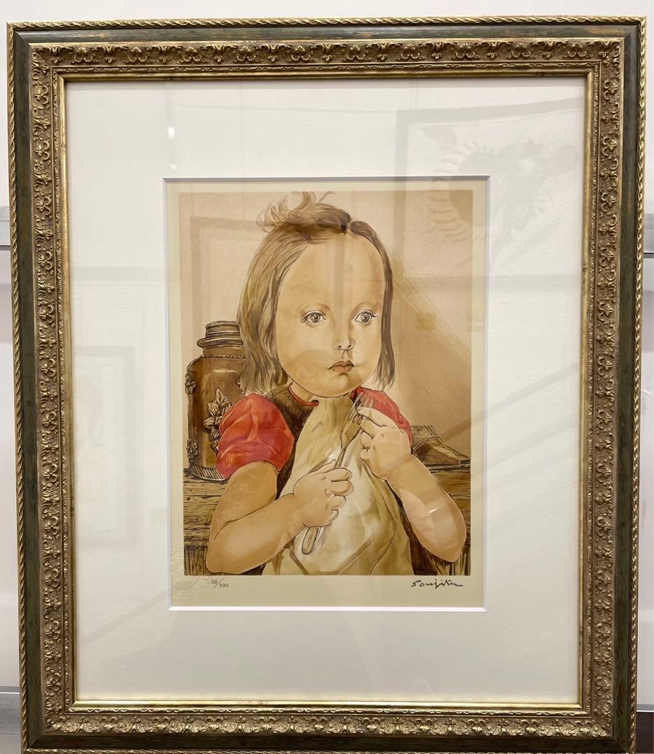 藤田嗣治　『フォークを持つ少女』　シルクスクリーン版画 Amazon.co.jp: 藤田嗣治『フォークを持つ少女』シルクスクリーン版画