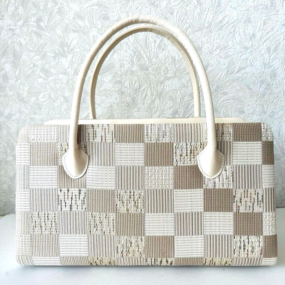 セール✨】利休バッグ 和装バッグ アイボリー チェック柄 底鋲 総柄 春夏秋