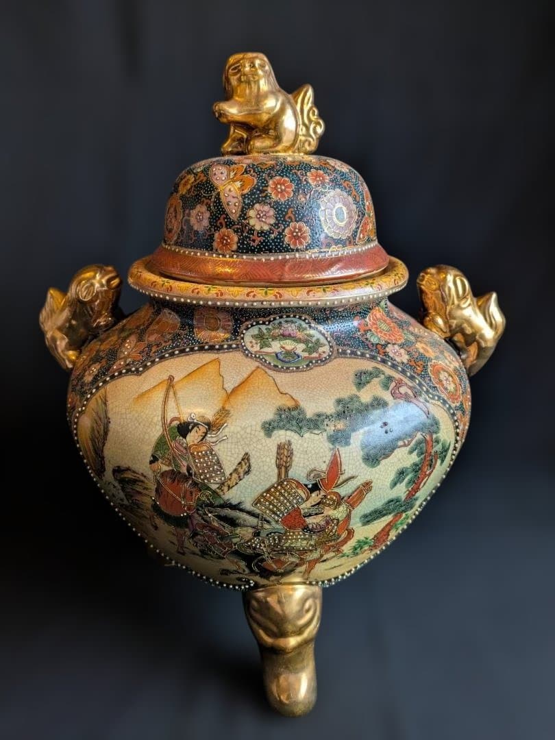豪華絢爛】薩摩焼 飾り壺 大香炉 獅子 女武者 花鳥図 青粒 骨董 古美術