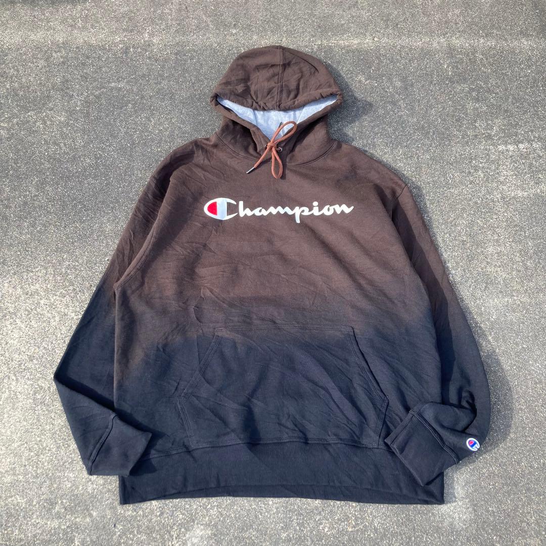 鬼フェード Champion ロゴプリントパーカー XL 褪色 グランジ ボロ