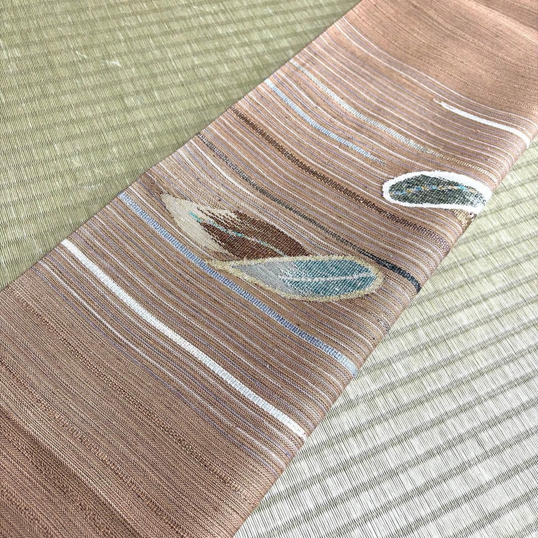 正絹　紬　袋帯《縞　葉模様》