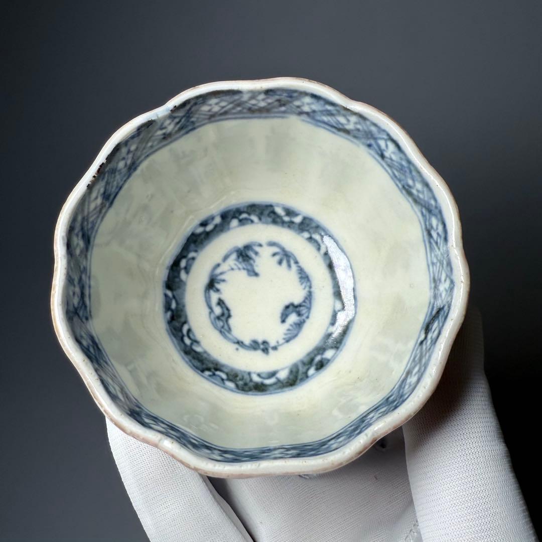 江戸後期 古伊万里 色絵金瓢箪文輪花形向付 五客 ○×高台 小鉢 蕎麦