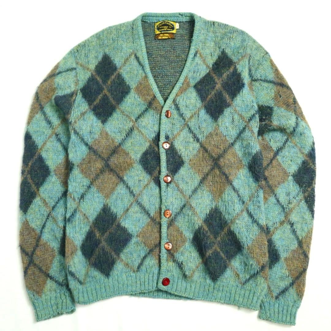 Vintage 60s 70s アーガイル シャギー モヘアカーディガン 毛足長