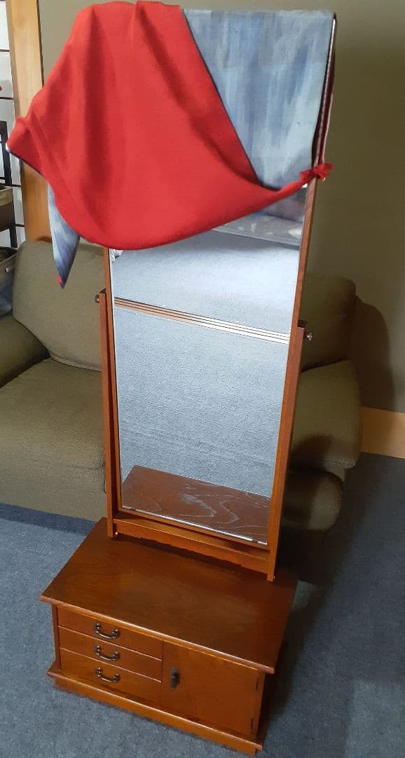 姿見/鏡台◎昭和レトロ/当時物◎欅材◎化粧台付◎アンティーク◎直接お取り引き可 大正昭和初期 栃材鏡台 和の趣ある化粧台