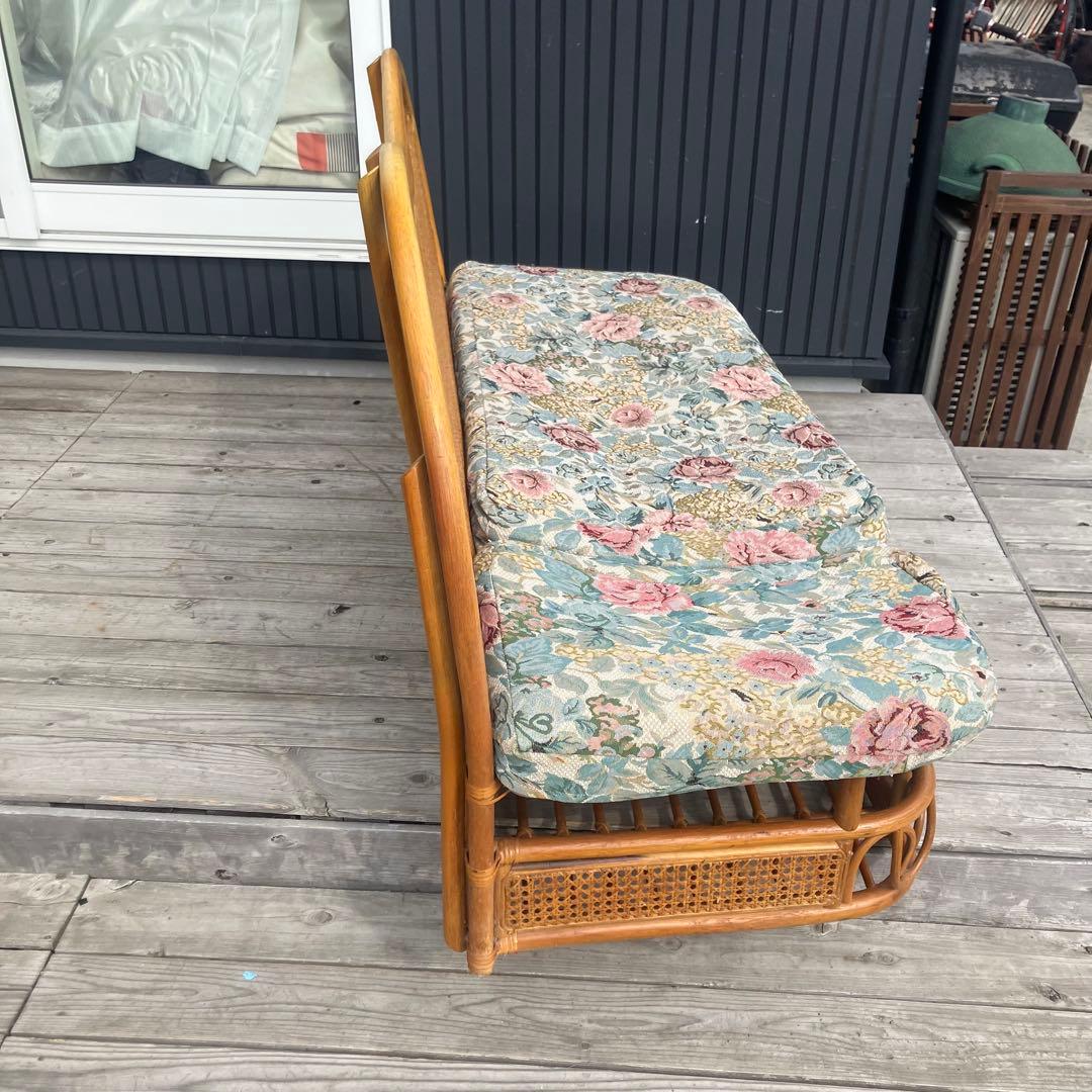 昭和レトロ 花柄ラタンチェア 2人掛けソファー 収納付き 古家具