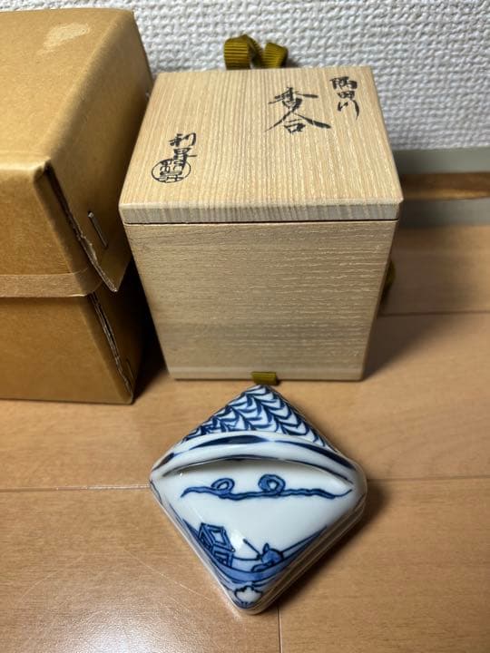 674 隅田川　利昇　染付　香合　未使用 茶道具 香合 染付 隅田川 高野昭阿弥作 和楽庵 : 茶道具いまや静香園