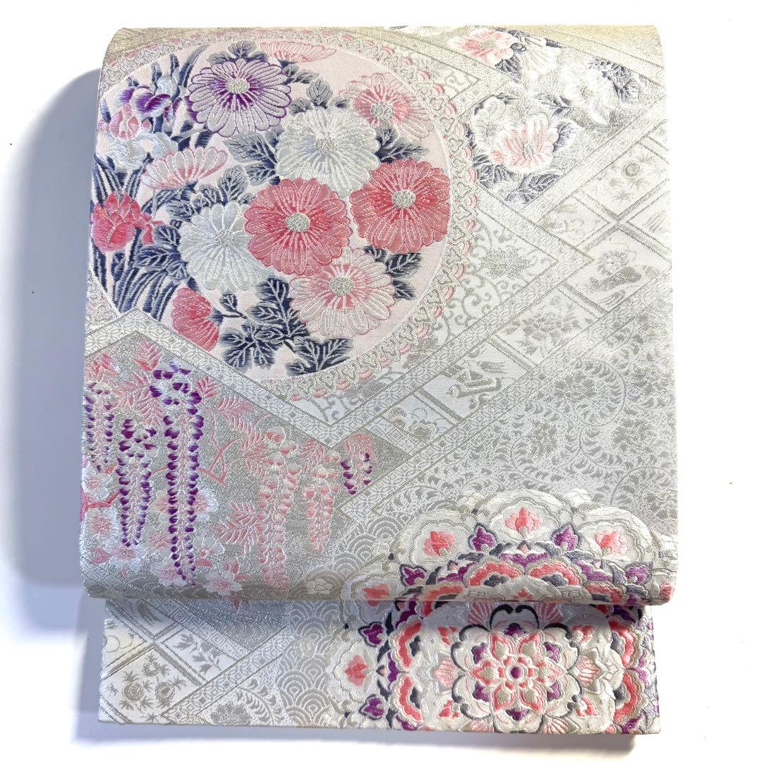 5k2780 袋帯　絹　唐織　プラチナ箔　正倉院文様　華文　銀色　白　ピンク　紫 5k2780 袋帯 絹 唐織 プラチナ箔 正倉院文様 華文 銀色 白 ピンク 紫