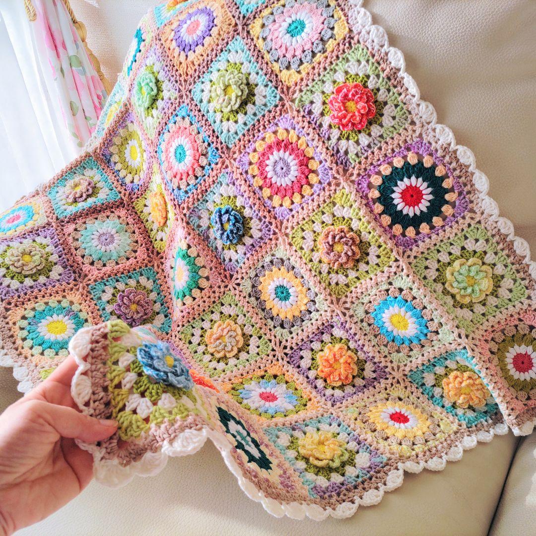 手編みブランケット★お花とおひさまグラニー★グラニースクエア★かぎ針編み ハンドメイド☆手編みブランケット☆おひさまグラニースクエア