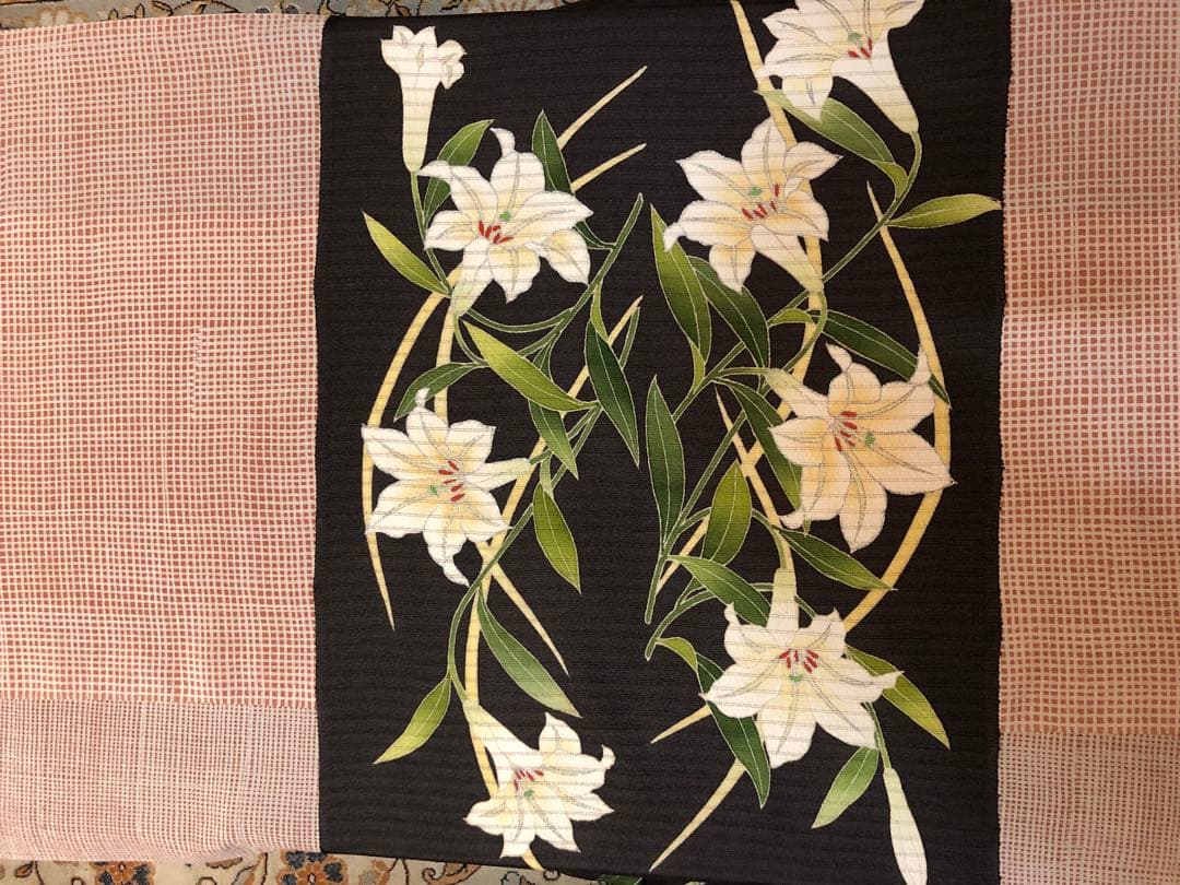 お値下げ致しました。」単衣 夏染帯 百合 新品未仕立、生地は絽縮緬