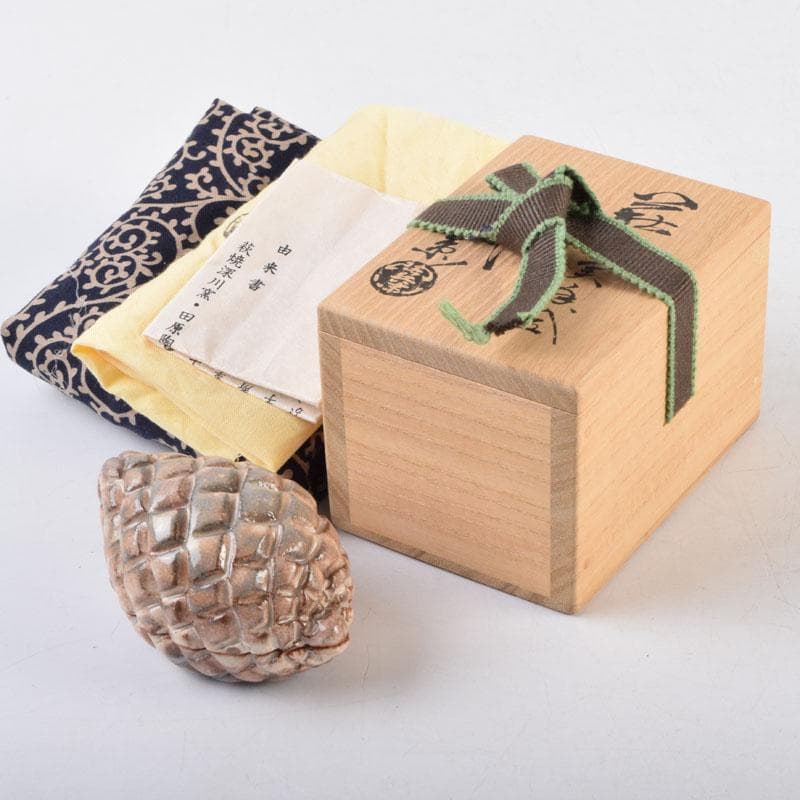 茶道具　萩焼　十三代　田原陶兵衛造　松実香合　共布共箱　V　8997 茶道具 萩焼 十三代 田原陶兵衛造 松実香合 共布共箱