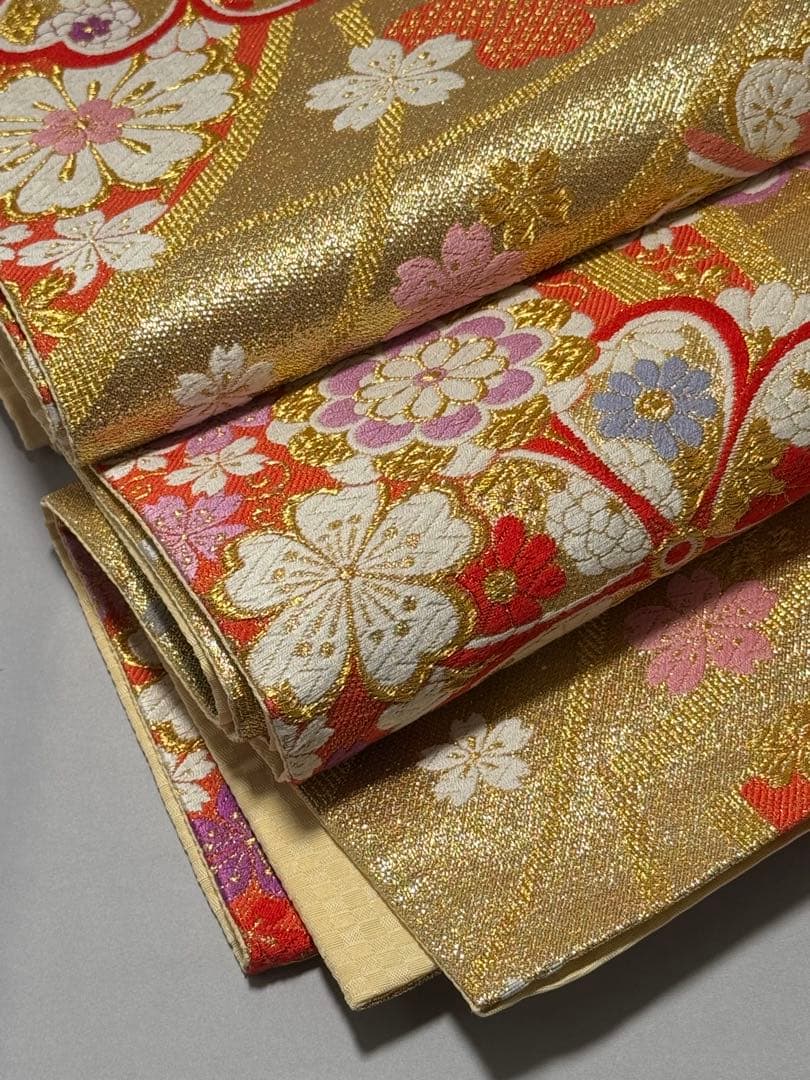 美品] 袋帯 正絹 金 熨斗 桜 成人式 結婚式 振袖 訪問着 礼装 略