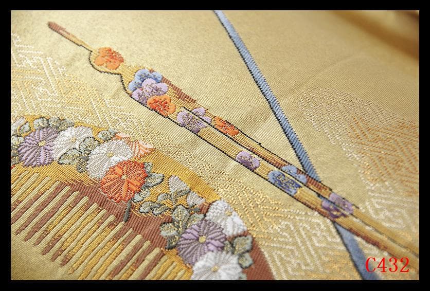 C432厳選西陣 金泥箔 本金箔 名品シリーズ櫛と笄 太鼓柄高級正絹