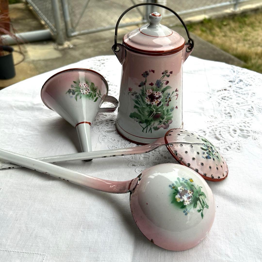 フランスアンティーク japy 忘れな草のホーローウェディングセット