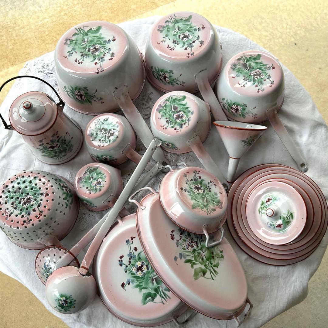 フランスアンティーク japy 忘れな草のホーローウェディングセット