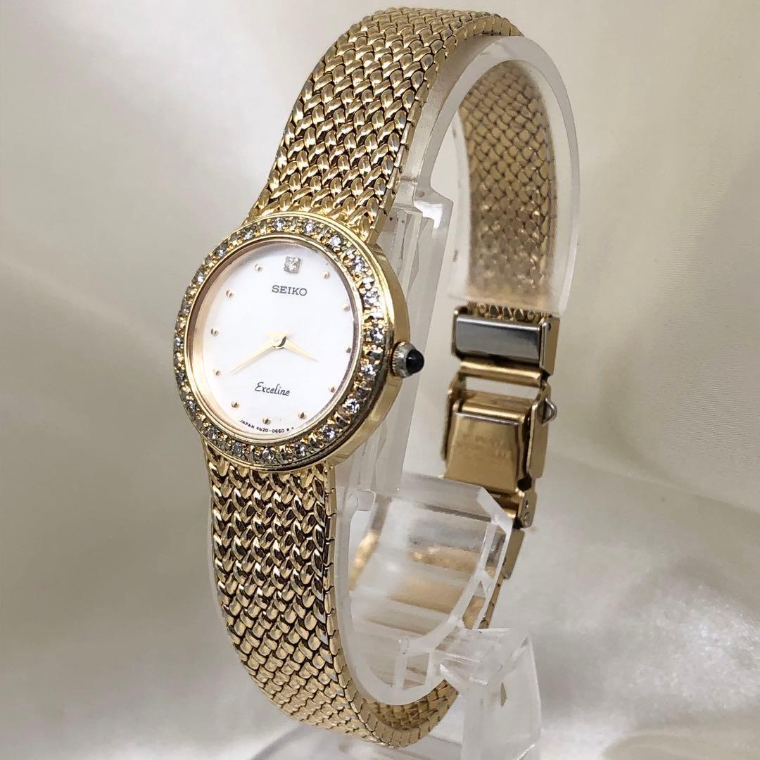 稼働品】SEIKO セイコー エクセリーヌ シェル文字盤 ダイヤベゼル