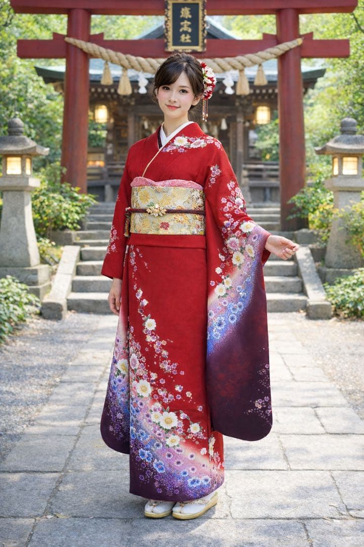 美品⭐︎京都きもの友禅⭐︎赤花柄振袖 正絹 一式セット⭐︎ 京都きもの友禅 振袖 成人式 フルセット Sサイズ 花柄 赤・ワイン系