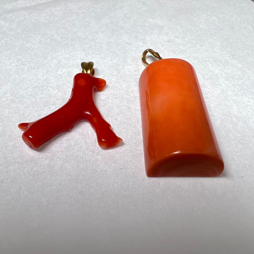 1K18刻印　ダイヤ入　本赤珊瑚　ネックレストップ　2点　10.7g