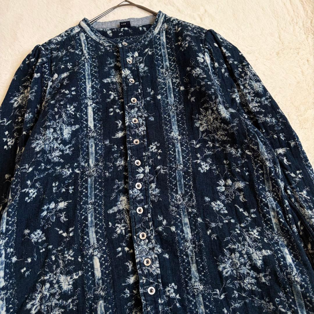 45R 二重織かごフラワーのアニーブラウス インディゴ シャツ バンド