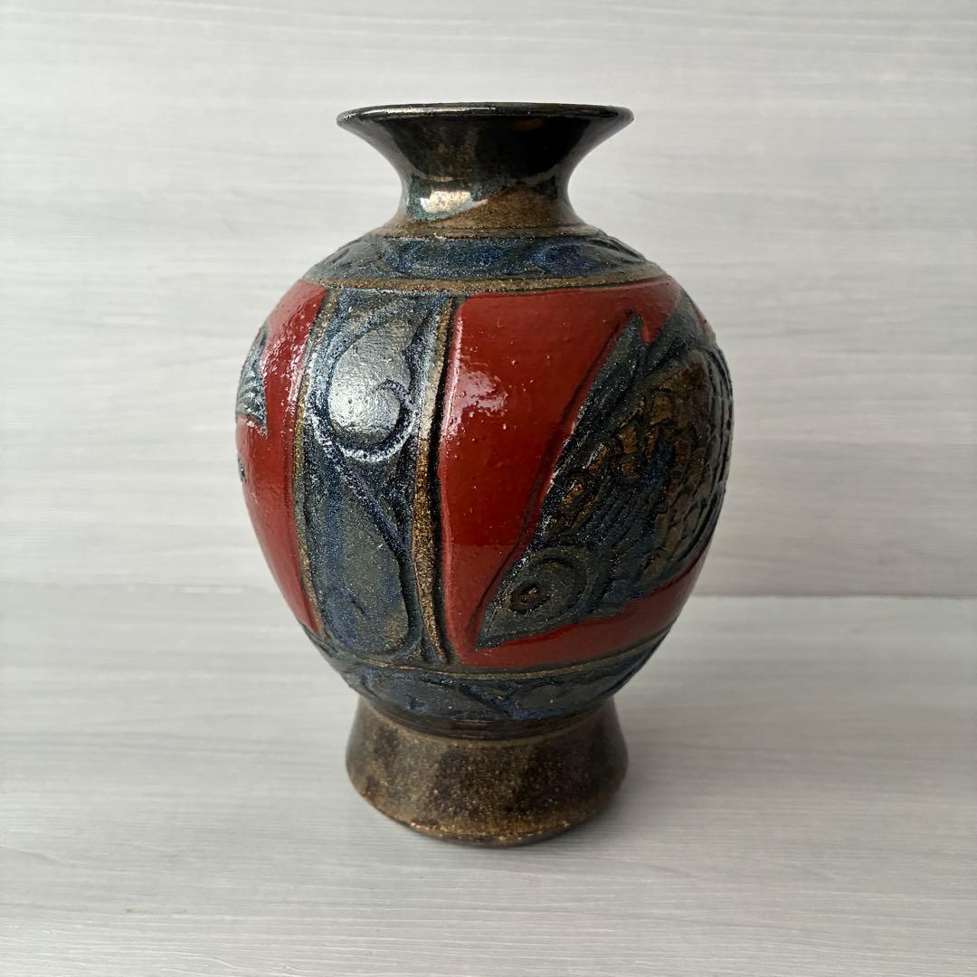 壺屋焼 小橋川清正 赤絵 魚紋 花瓶 沖縄 花器 インテリア 壺 工芸品