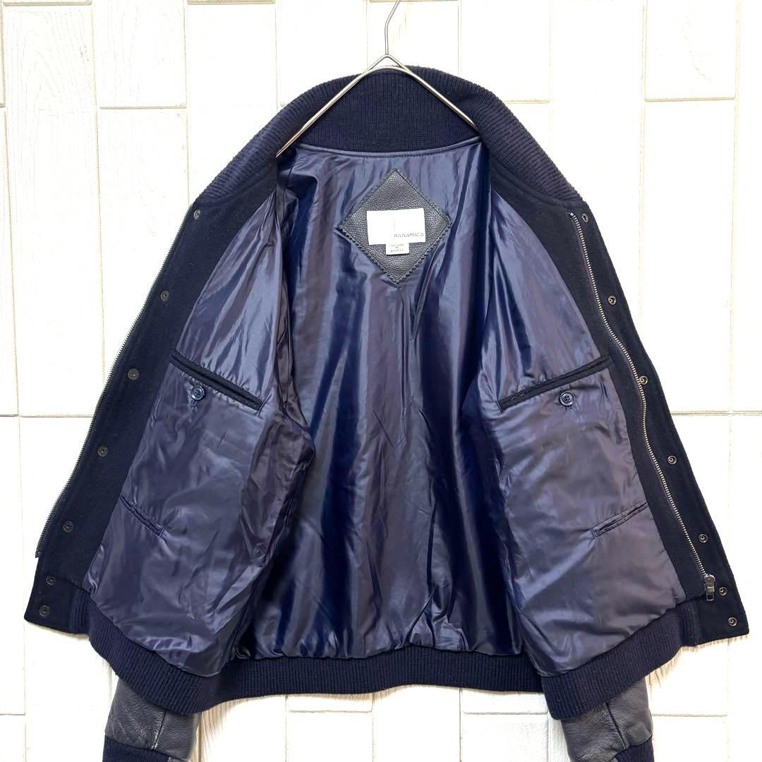 希少 nanamica ナナミカ 袖レザー メルトン スタジャン ネイビー色 S