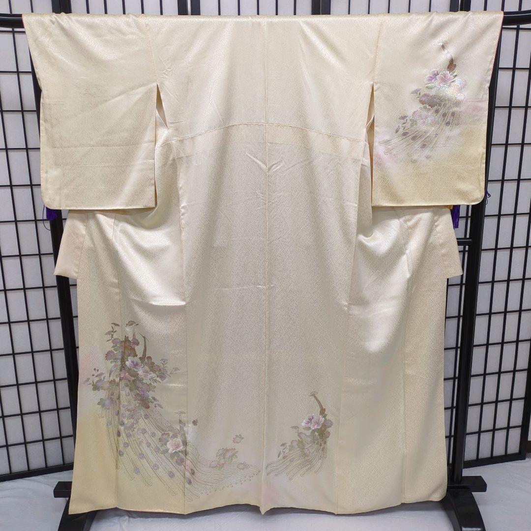 【正絹　袷附下げ】クリーム地に刺繍・箔のせ　163㎝前後　セミフォーマル　305 訪問着 手刺繍 総刺繍 正絹 桜 桜枝 駒羽二重 最高級丹後ちりめん 仮絵