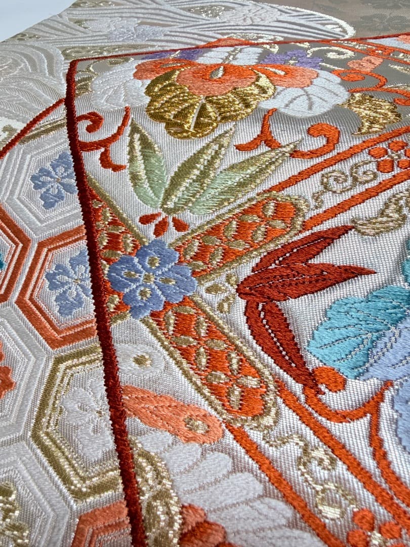 高級 袋帯 正絹 六通柄 香織袋帯 シルバー ホワイト 唐織 かるた遊び