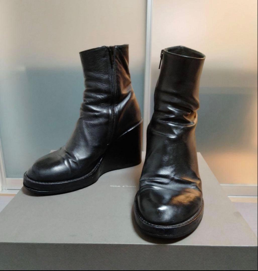 ann demeulemeester ウェッジソールヒールブーツ 42 Ann Demeulemeester Black Calfskin Side-Zip High Heel Combat Boots
